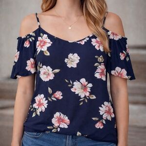 Kaileigh Black Blouse with Pink and White Floral Pattern